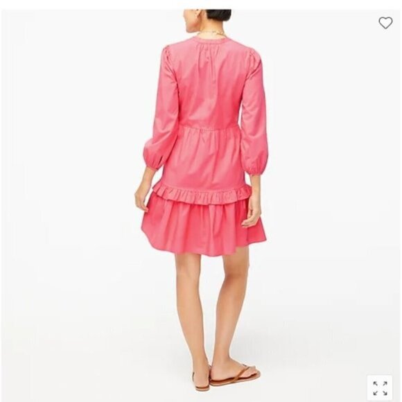 J Crew Tiered Ruffle Dress L Pink Cotton Poplin 3/4 Sleeves Elastic Cuffs V-Neck - Picture 2 of 12